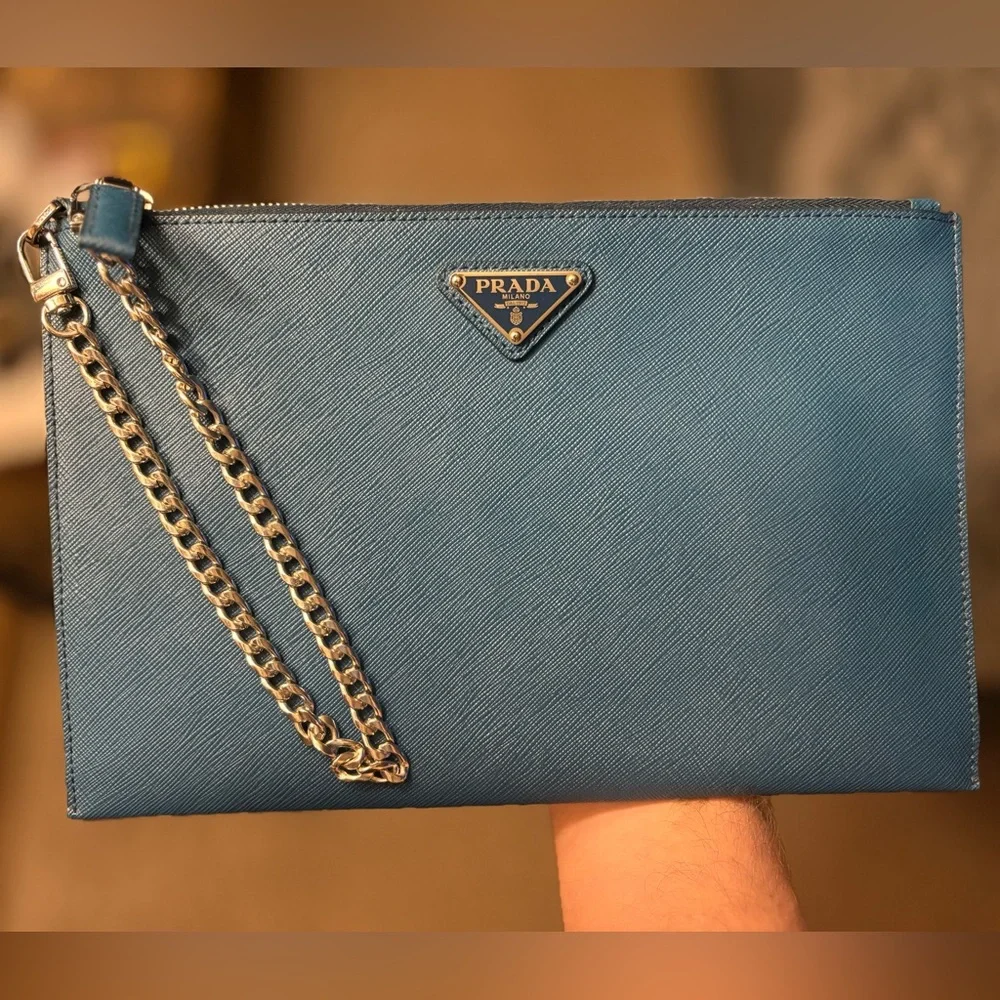 NWOT Prada Saffiano Leather Zip Pouch Clutch / Document Holder 11x7” Cobalt Blue - Picture 1 of 11